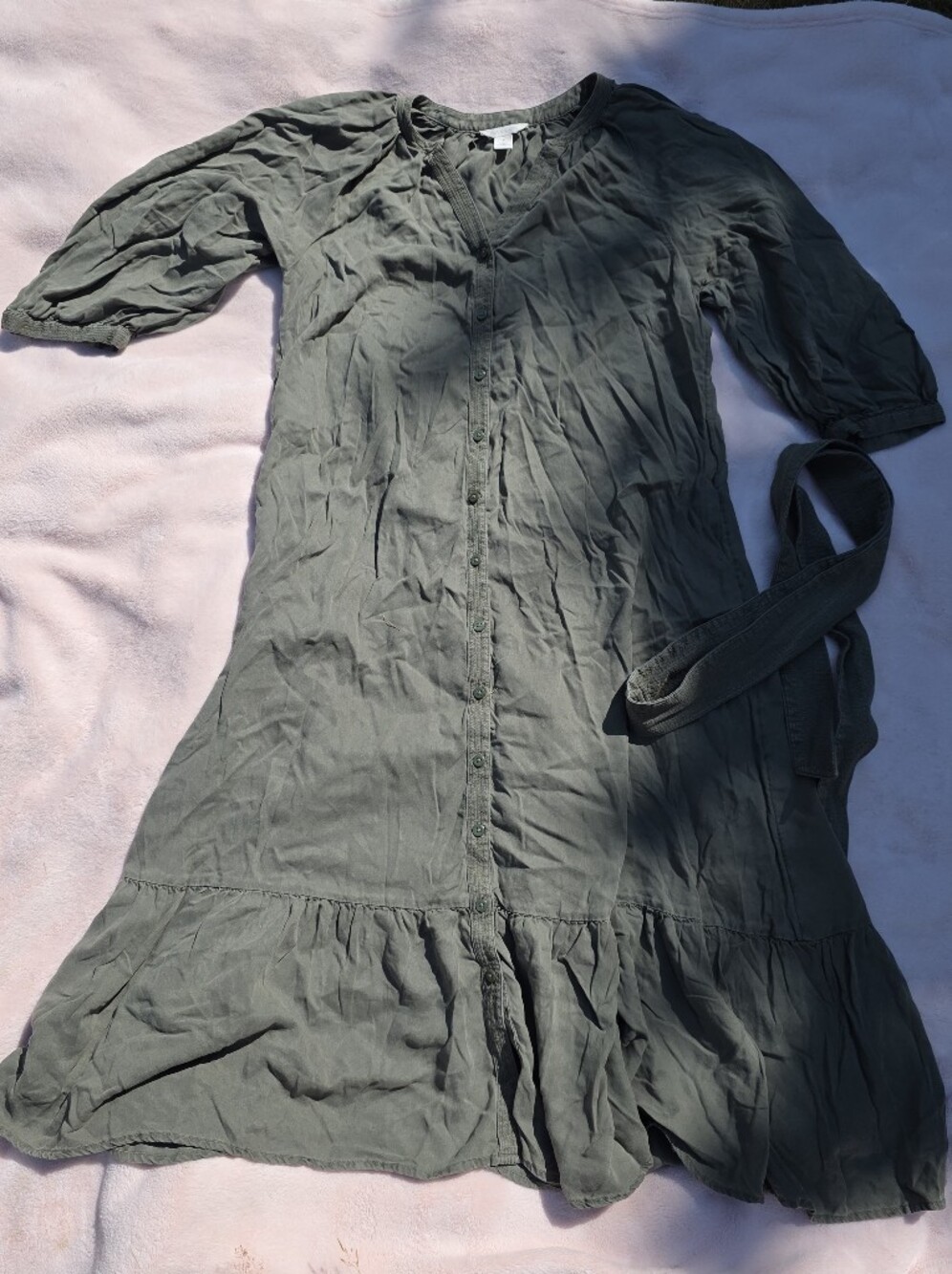 Caslon Nordstrom Olive Green Belted Tiered Button Front Shirt Dress Size M